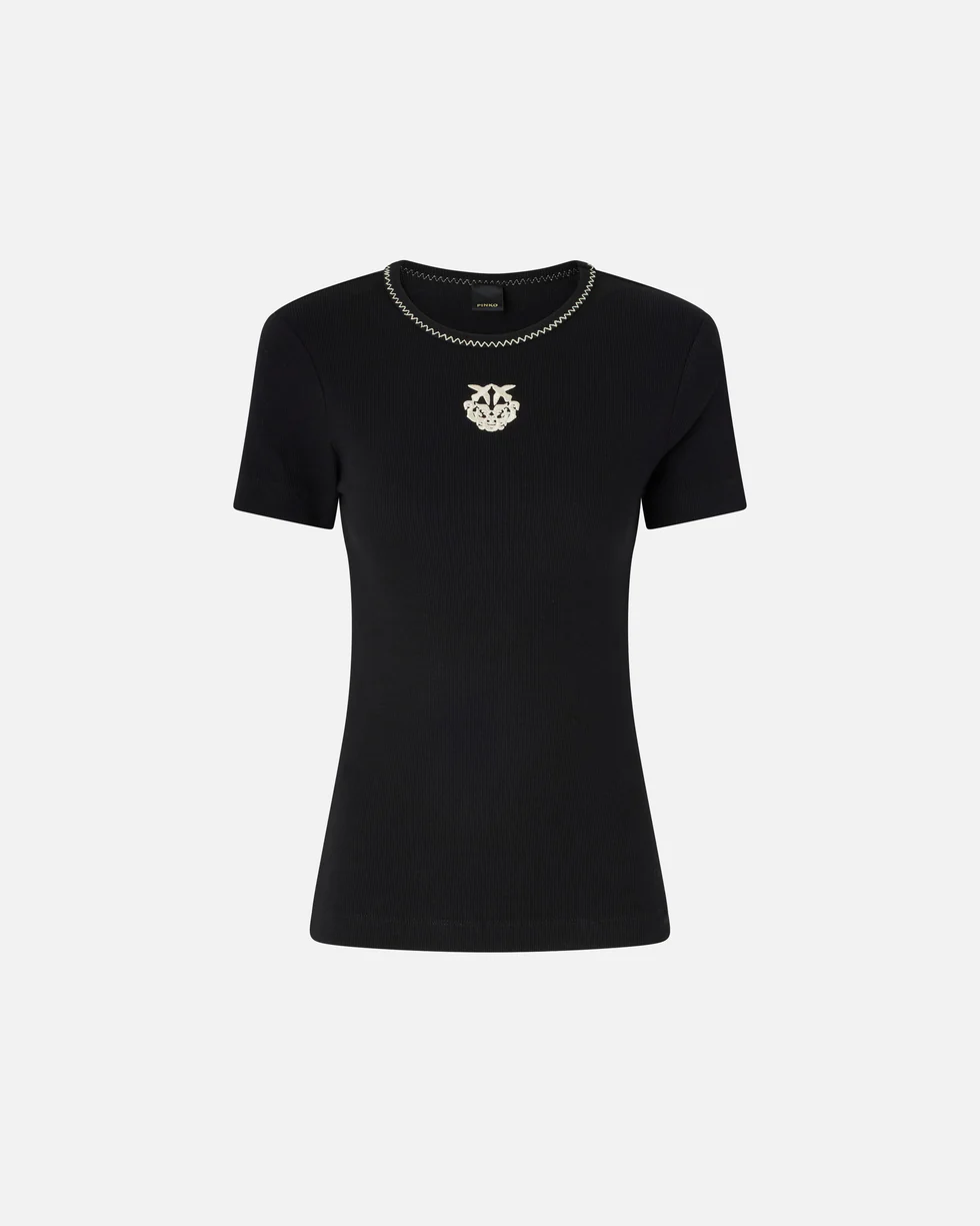 T-shirt a costine con ricamo 106815A3AL ZZ2 PINKO Nero/bianco 