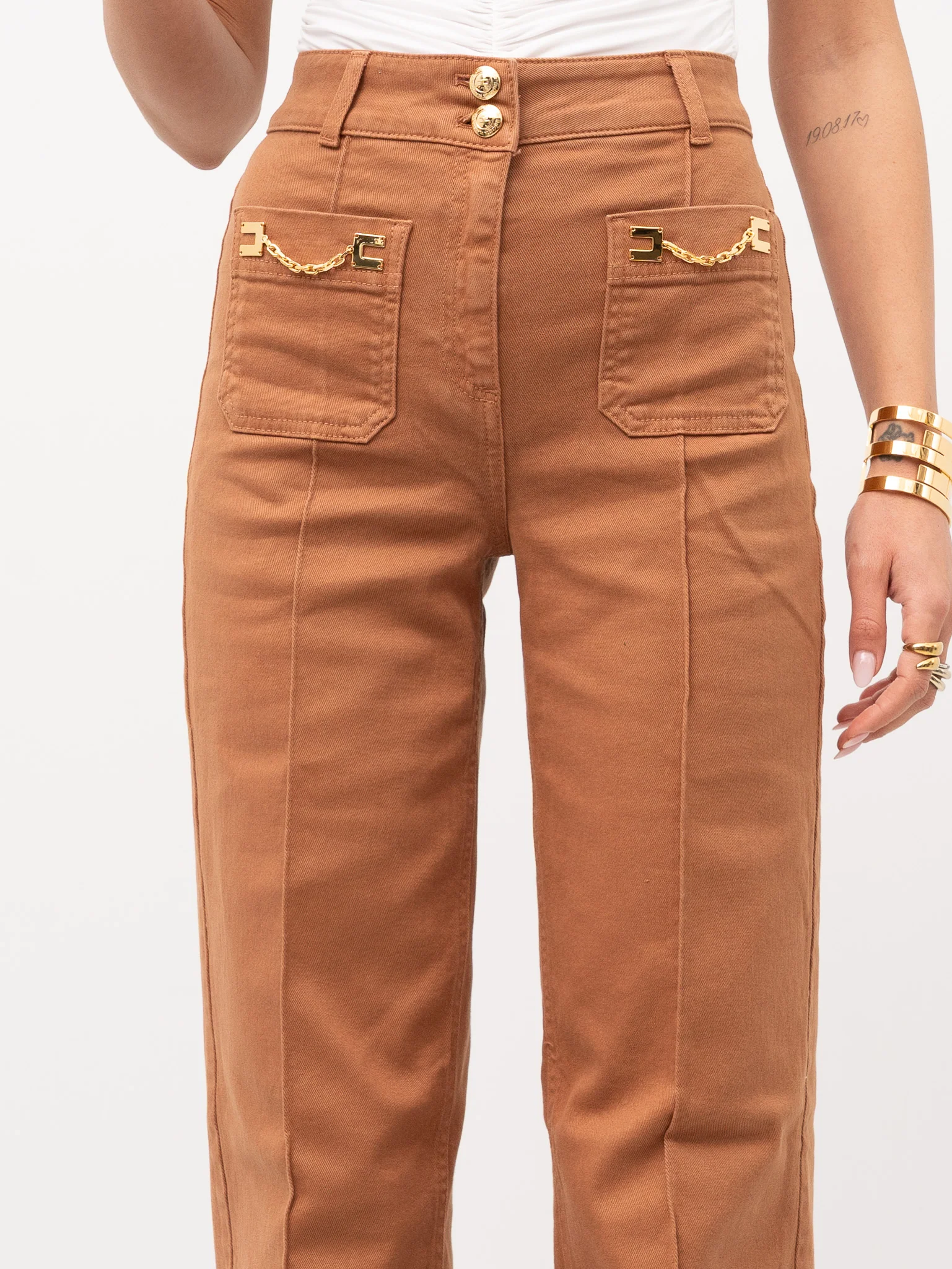 Pantalone in cotone gamba dritta PJ25D61E2 600 ELISABETTA FRANCHI Cuoio 