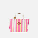 Borsa a spalla media shopper in tela a righe 104753A2G5 A2G5 PINKO Fuxia/giallo 