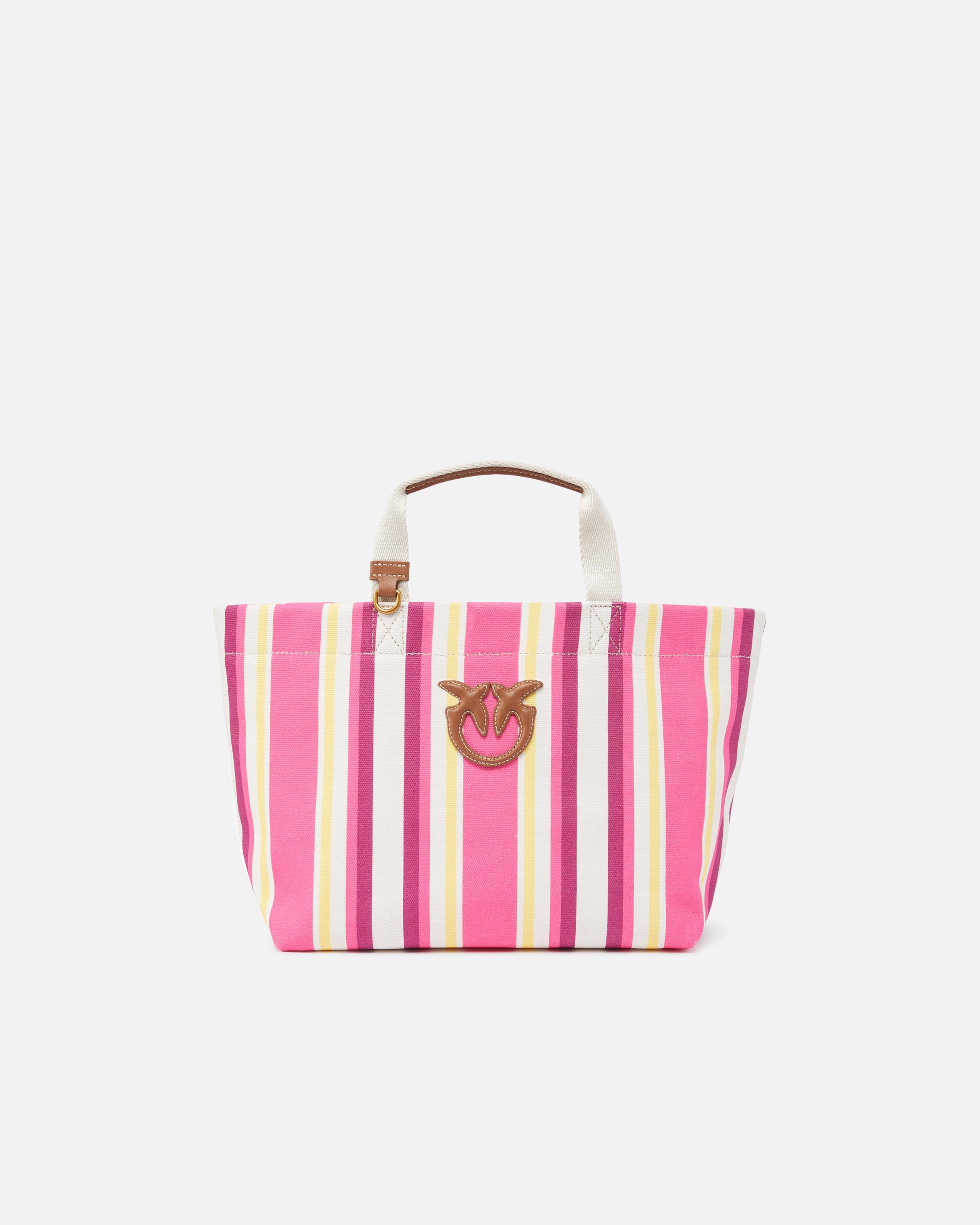 Borsa a spalla media shopper in tela a righe 104753A2G5 A2G5 PINKO Fuxia/giallo 