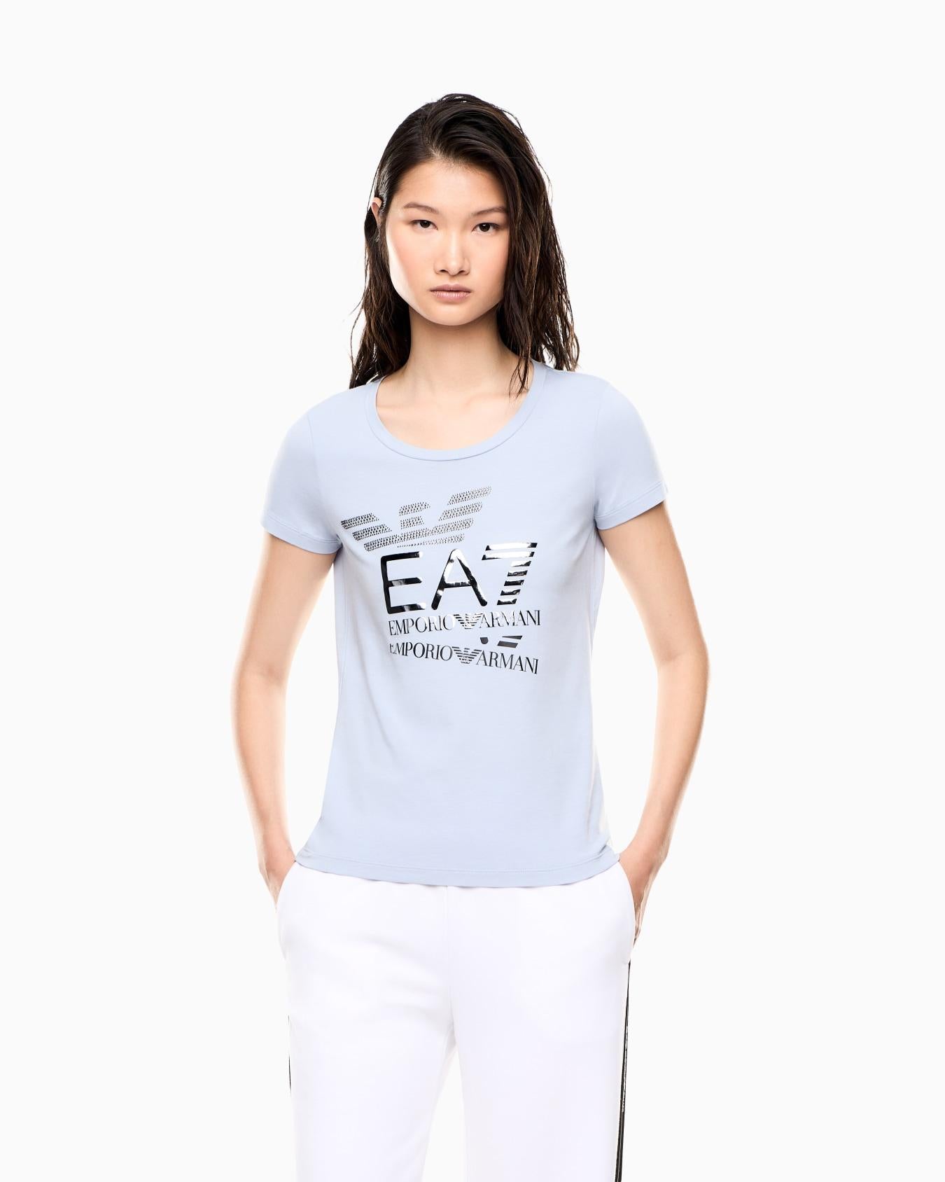 T-shirt in jersey di cotone con logo 7W000977 AF10373 U9309 EA7 Light blue 