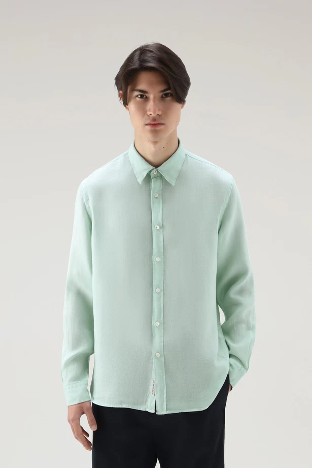 Camicia in puro lino tiinto in capo CFWOSI0113MRUT3372 6585 WOOLRICH Harbor green 