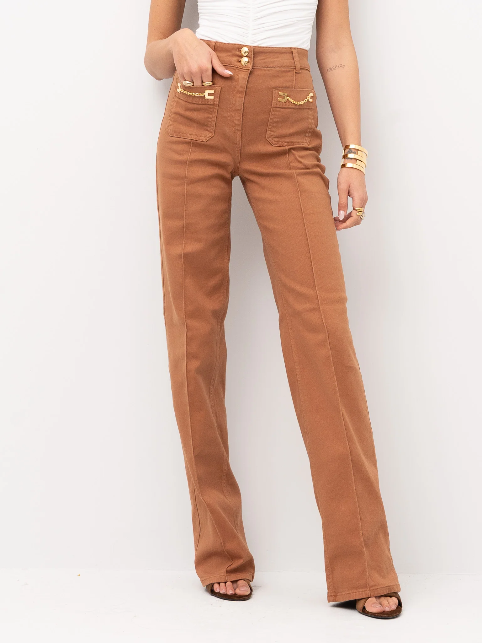 Pantalone in cotone gamba dritta PJ25D61E2 600 ELISABETTA FRANCHI Cuoio 