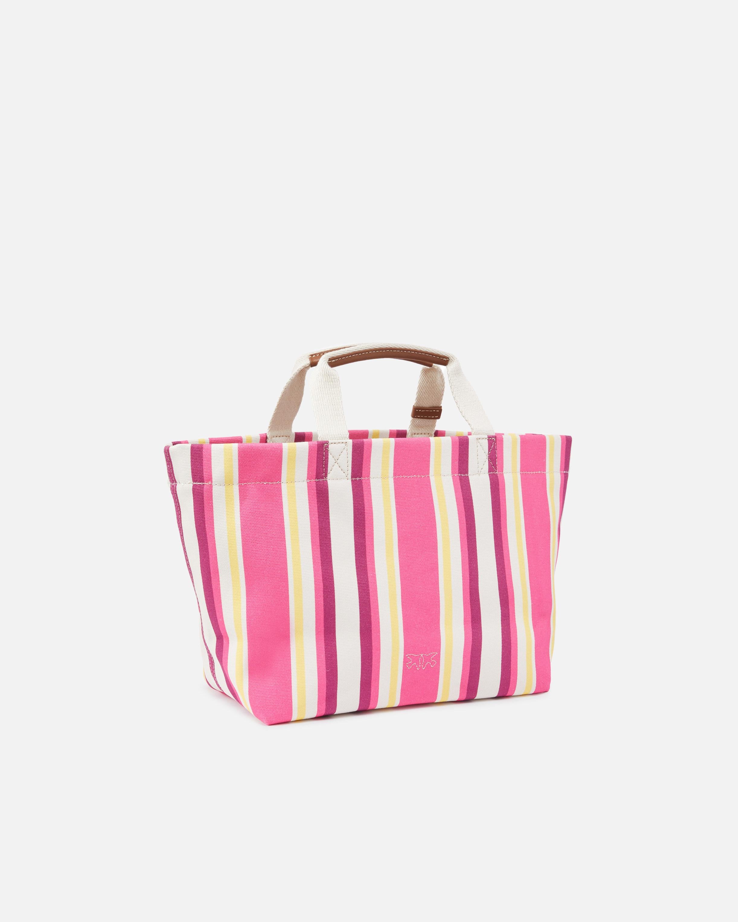 Borsa a spalla media shopper in tela a righe 104753A2G5 A2G5 PINKO Fuxia/giallo 