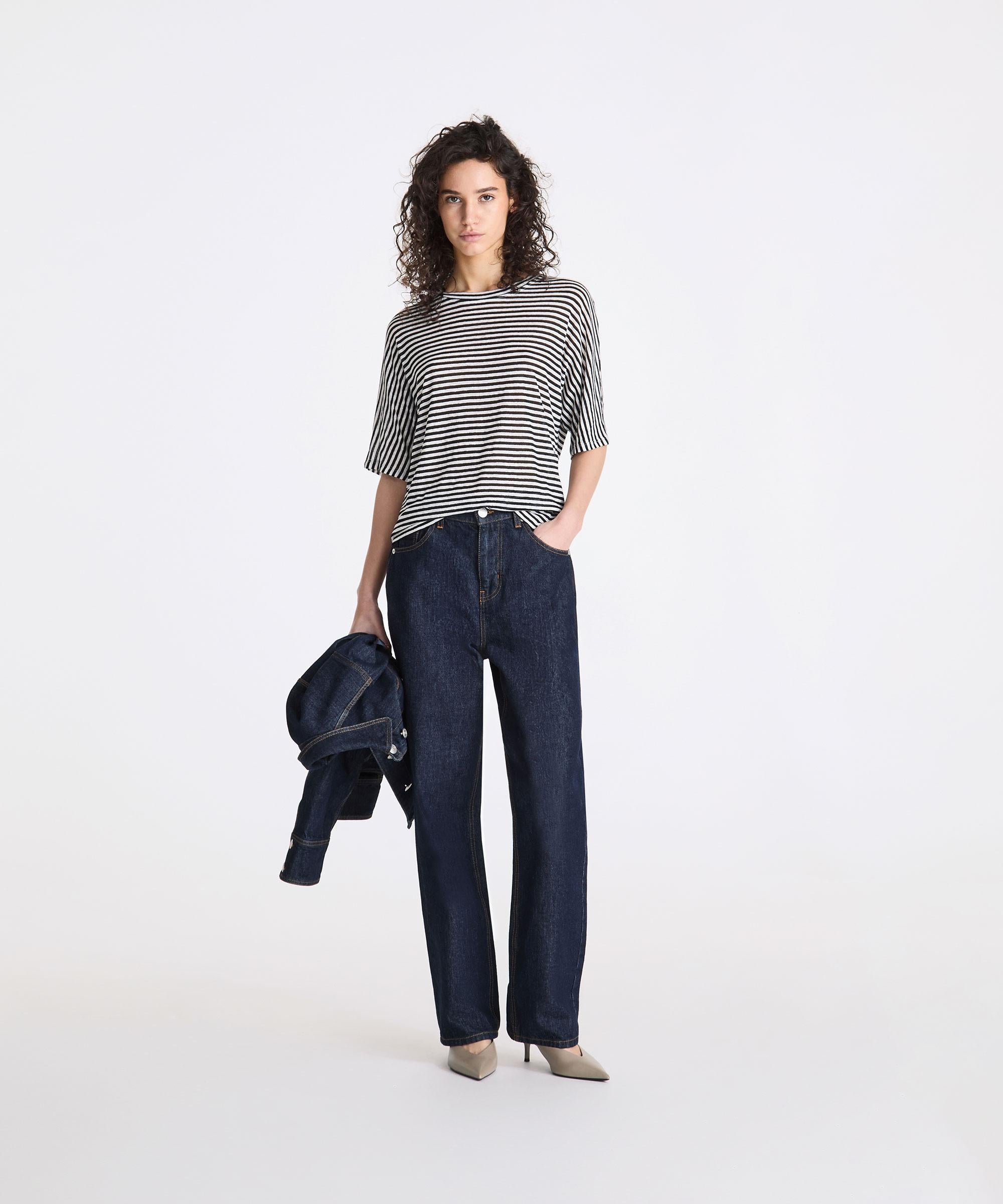 T-shirt a righe in misto lino PED5343 99012278 RI015 PEUTEREY Bianco/blu 