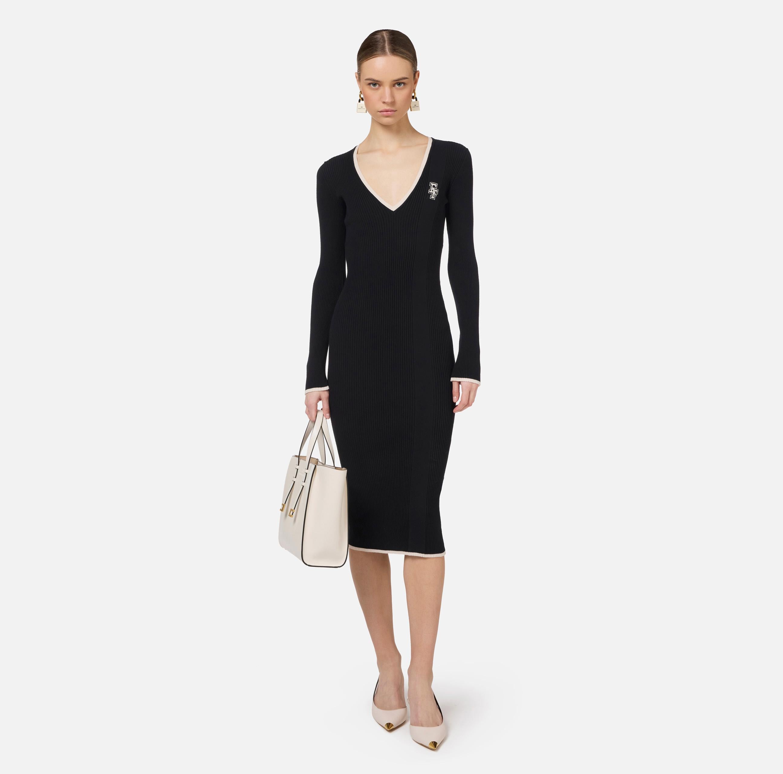 Abito midi in viscosa con logo a contrasto AM09M46E2 685 ELISABETTA FRANCHI Nero/burro 