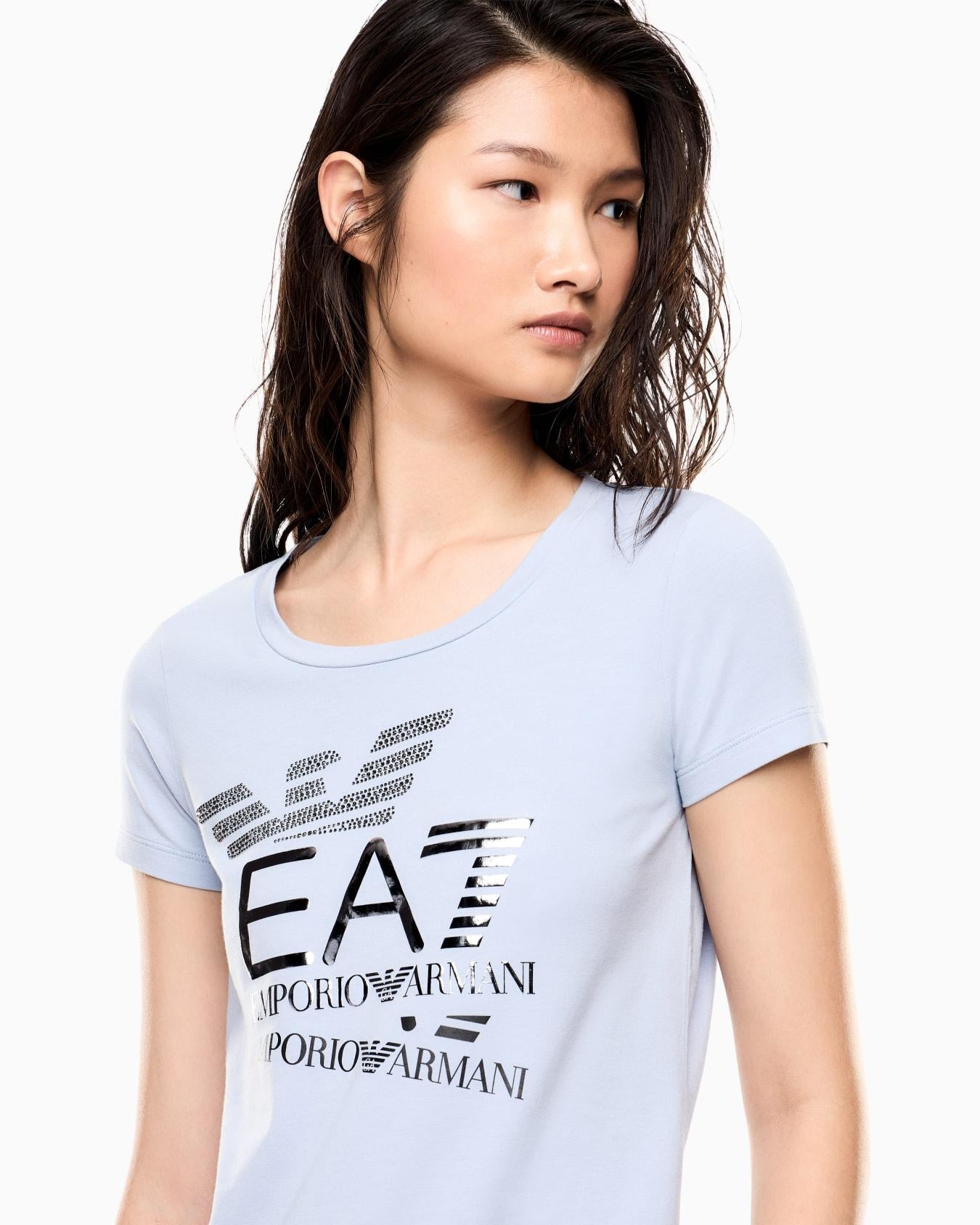 T-shirt in jersey di cotone con logo 7W000977 AF10373 U9309 EA7 Light blue 