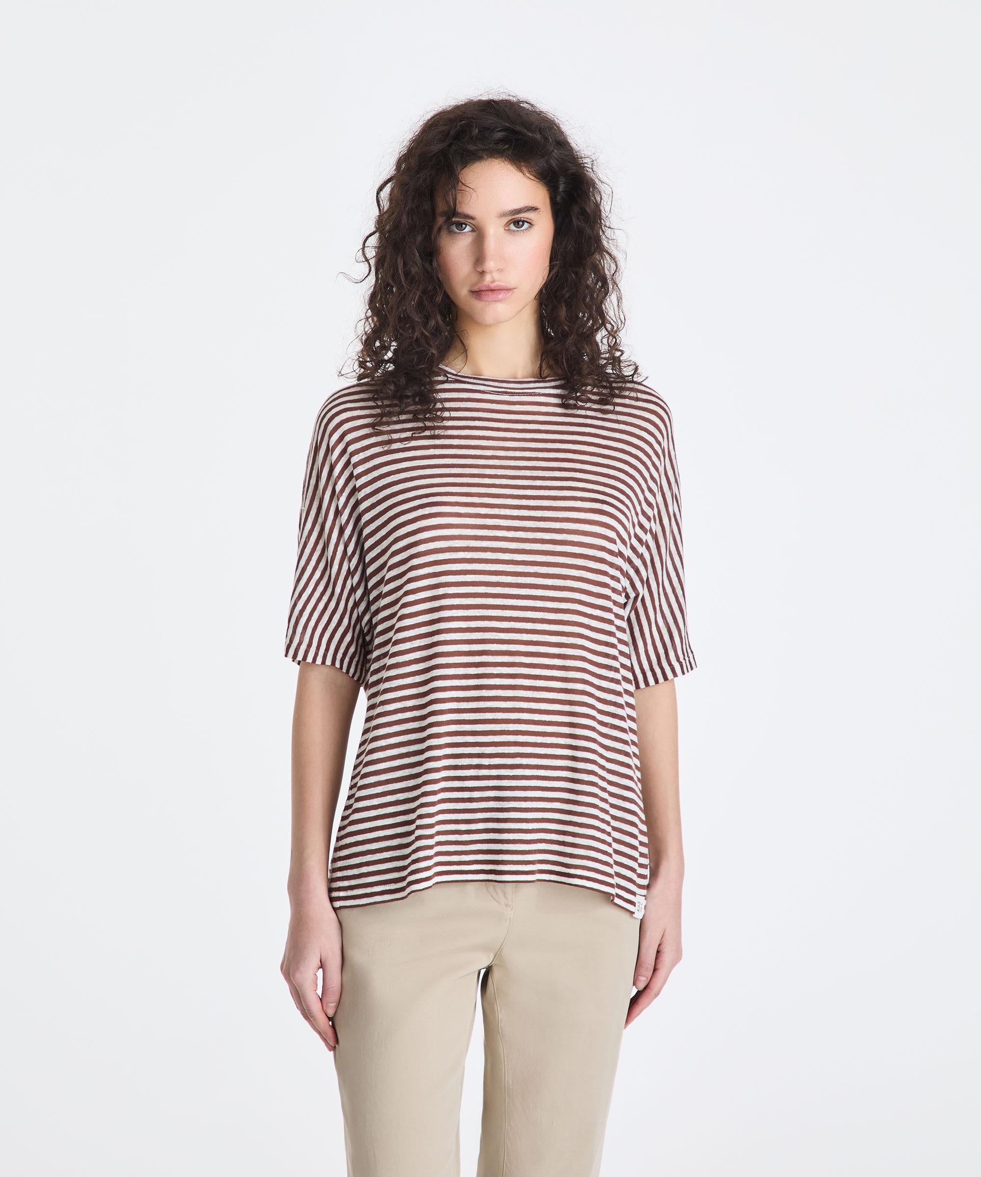 T-shirt a righe in misto lino PED5343 99012278 RI004 PEUTEREY Bianco/marrone 