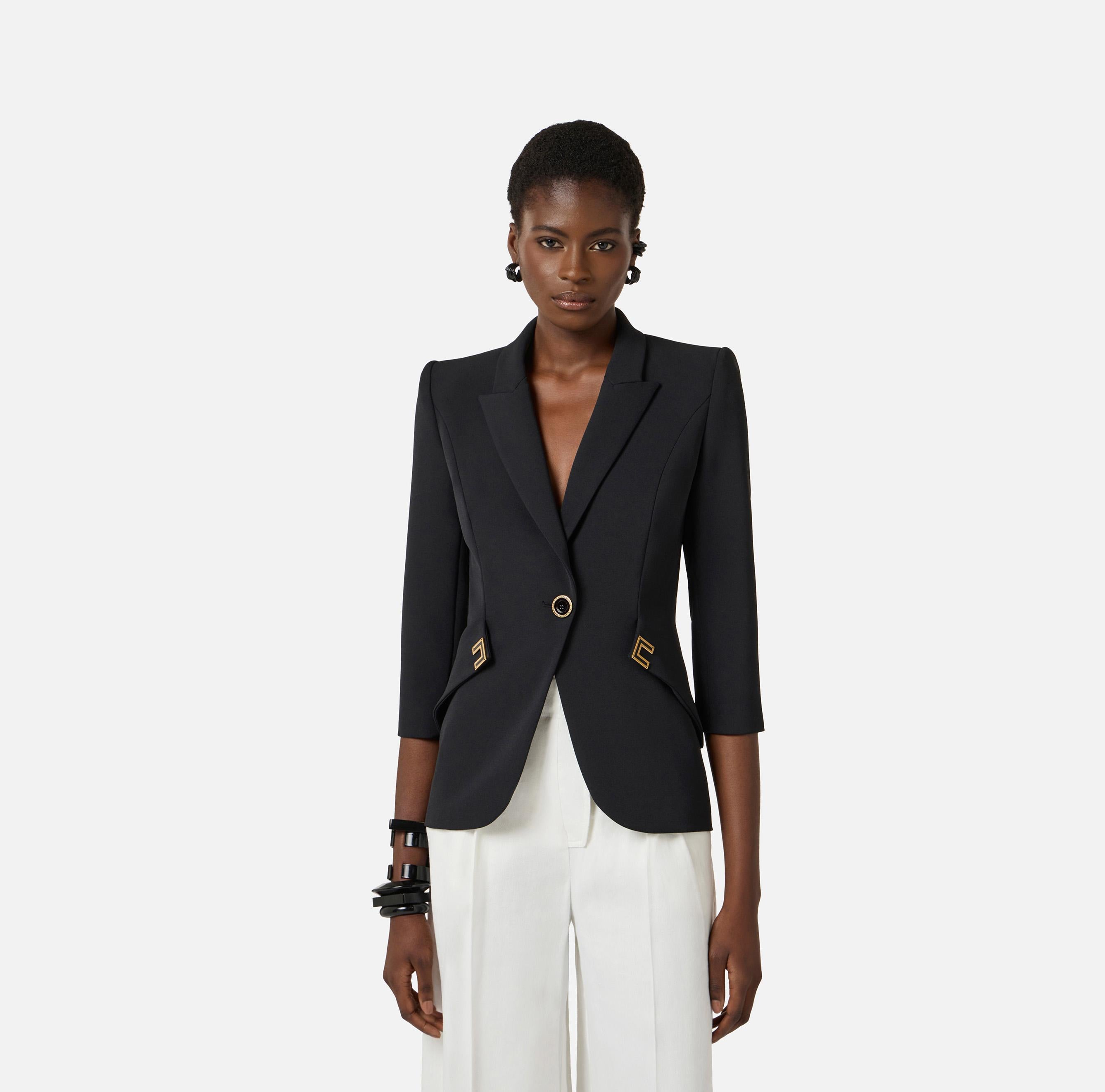 Giacca in doppio crêpe stretch con dettagli logo GI21561E2 110 ELISABETTA FRANCHI Nero 