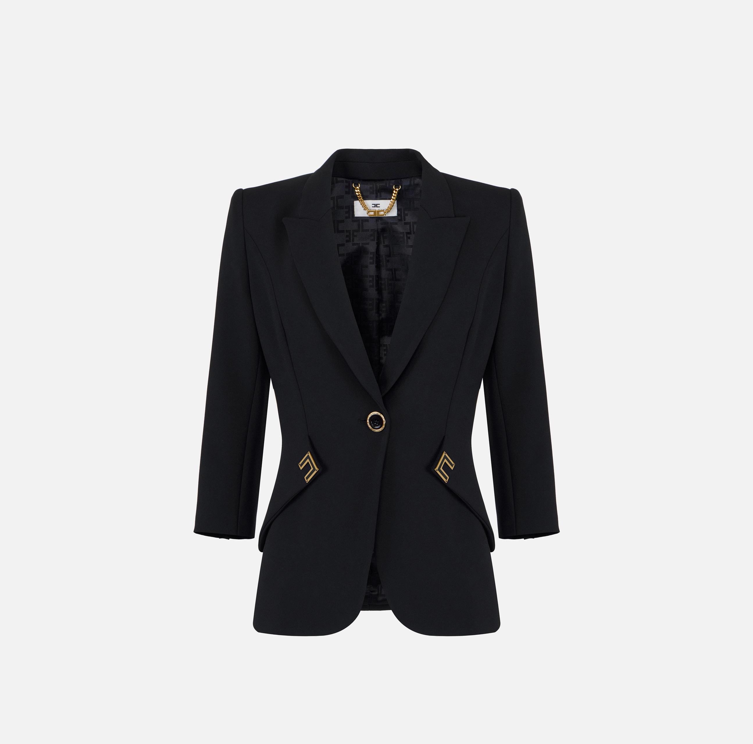 Giacca in doppio crêpe stretch con dettagli logo GI21561E2 110 ELISABETTA FRANCHI Nero 
