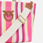 Borsa a spalla media shopper in tela a righe 104753A2G5 A2G5 PINKO Fuxia/giallo 