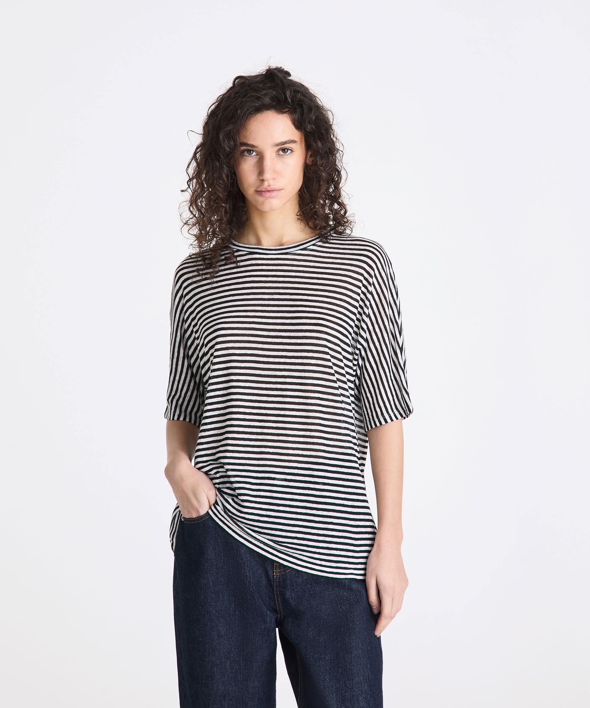 T-shirt a righe in misto lino PED5343 99012278 RI015 PEUTEREY Bianco/blu 