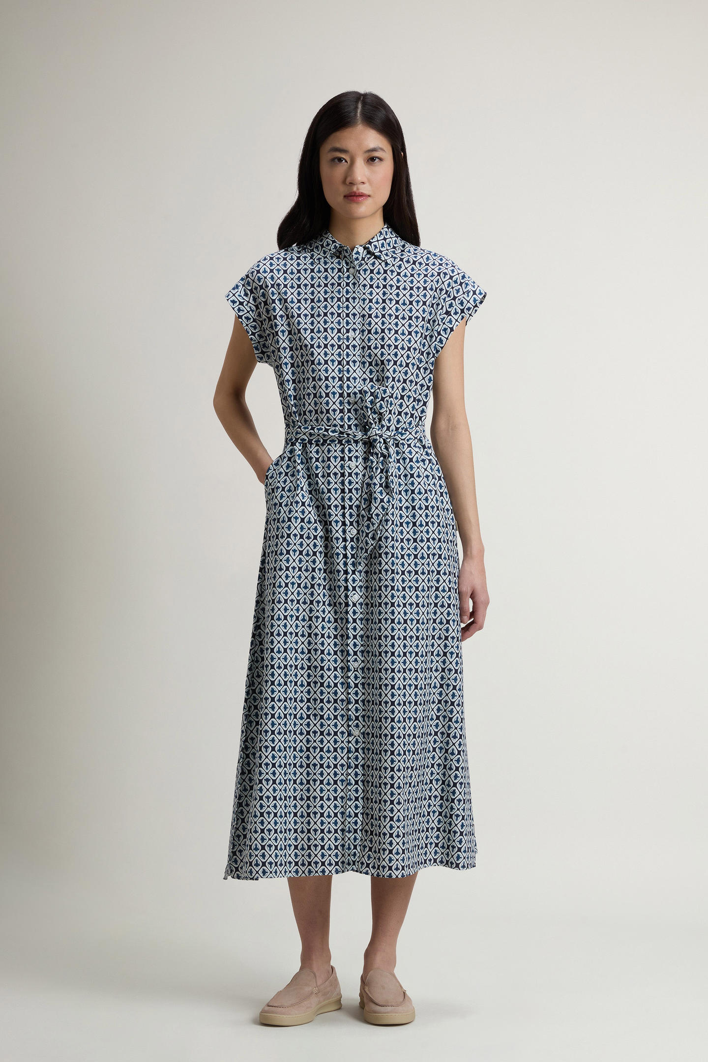 Abito chemisier in misto cotone con cintura CFWWDR2021FRUT5402 31219 WOOLRICH Blue tile bloom 