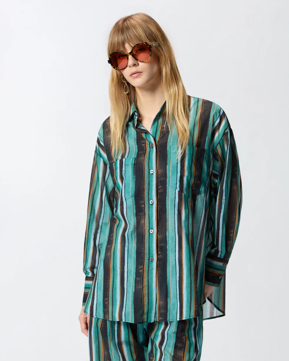 Camicia in cotone con righe effetto pennellato 106990A3CH SD3 PINKO Mult. verde/nero 