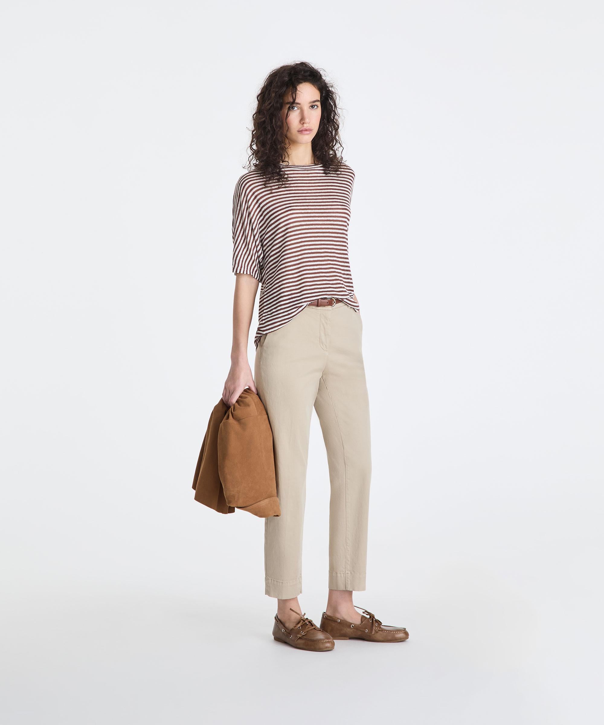 T-shirt a righe in misto lino PED5343 99012278 RI004 PEUTEREY Bianco/marrone 