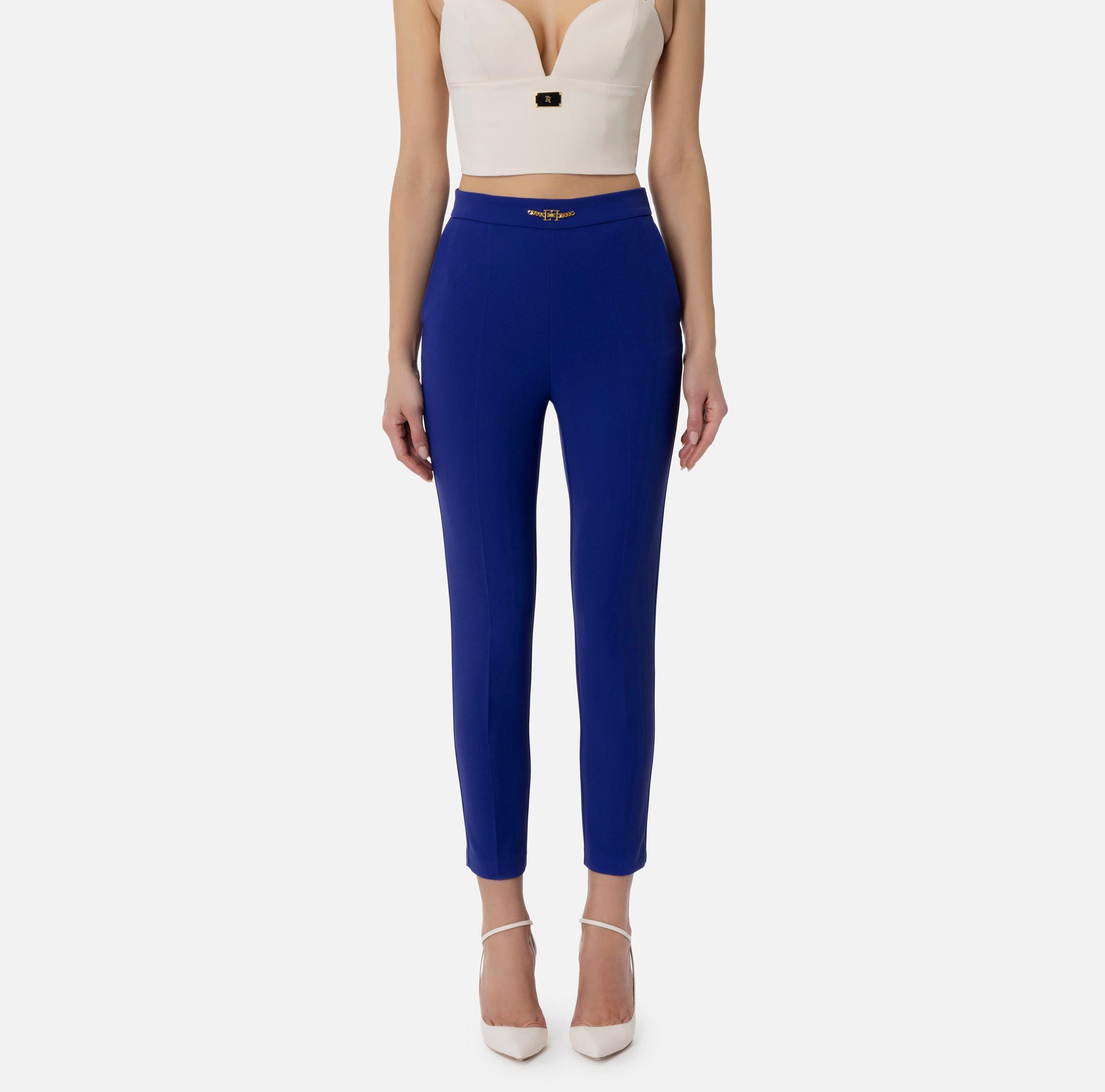 Pantalone dritto in crêpe stretch con morsetto PA02741E2 828 ELISABETTA FRANCHI Blue indaco 