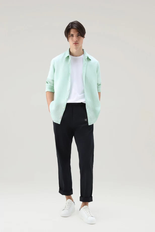 Camicia in puro lino tiinto in capo CFWOSI0113MRUT3372 6585 WOOLRICH Harbor green 
