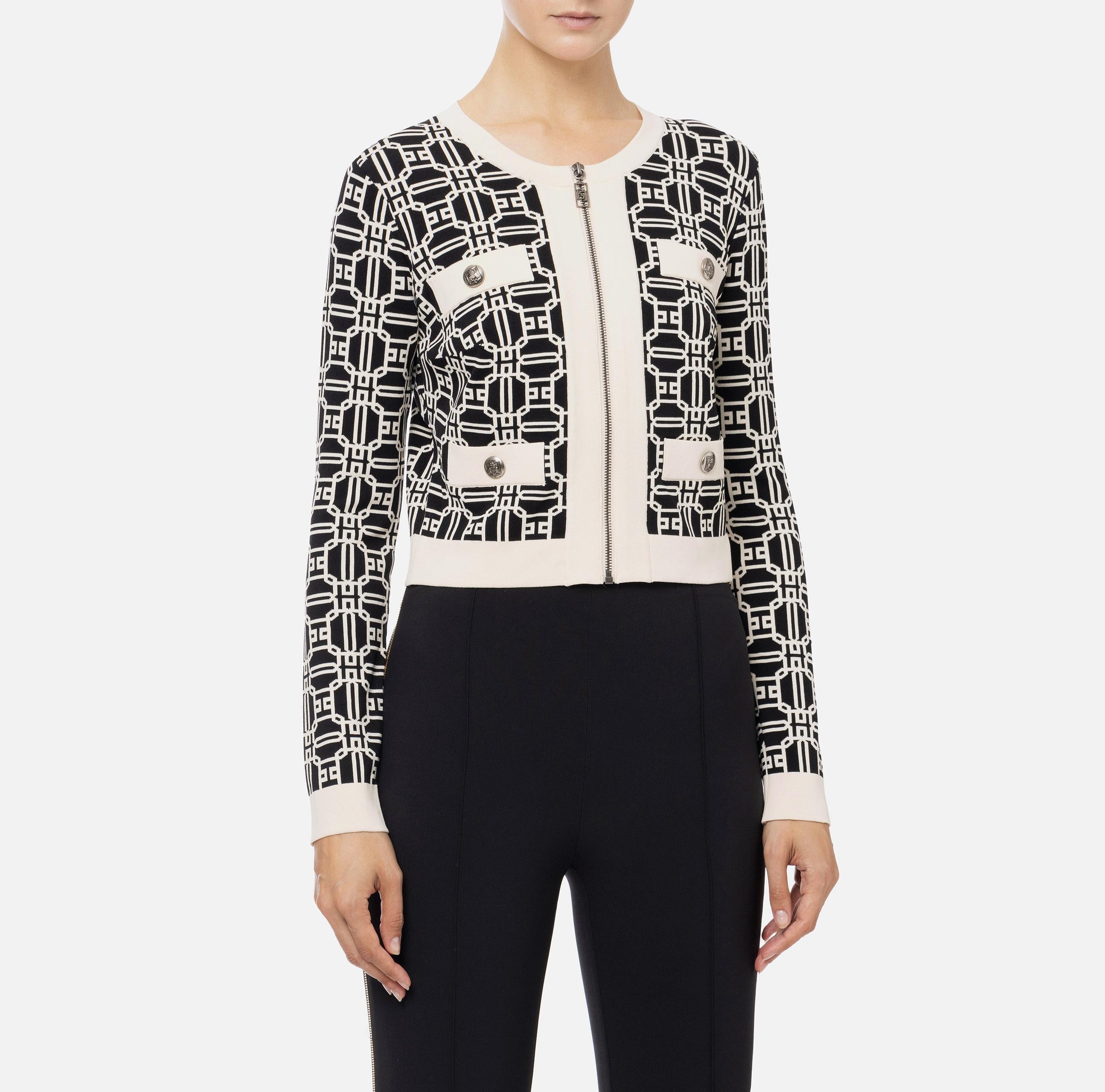 Cardigan cropped logo jacquard<BR/> MK32B47E2 685 ELISABETTA FRANCHI Nero/burro 