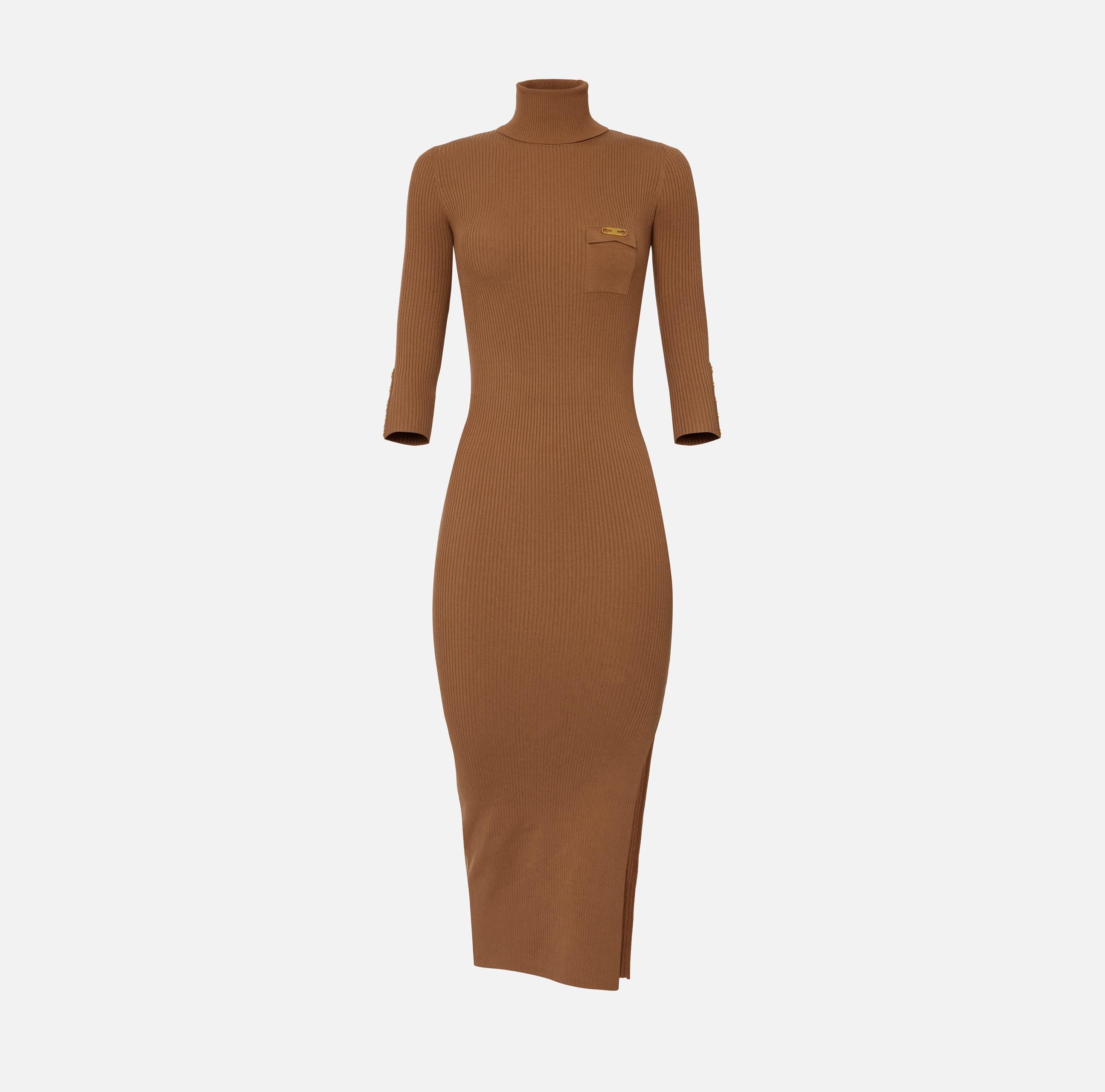 Abito in maglia a costine con taschino AM23B56E2 EC1 ELISABETTA FRANCHI Brown sugar 