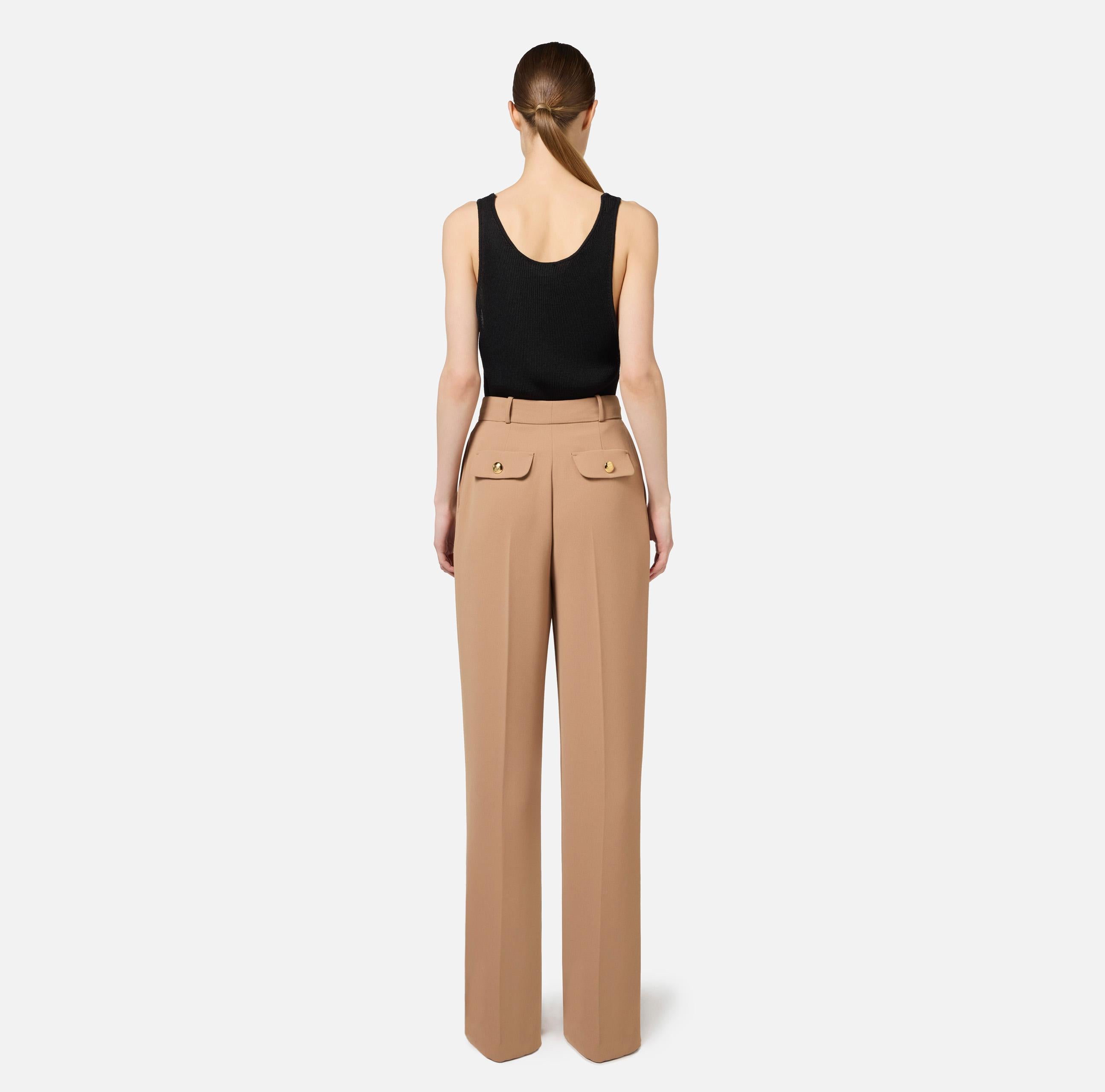 Pantalone dritto in crêpe fermo con rivetto stemma PA02646E2 032 ELISABETTA FRANCHI Camel 