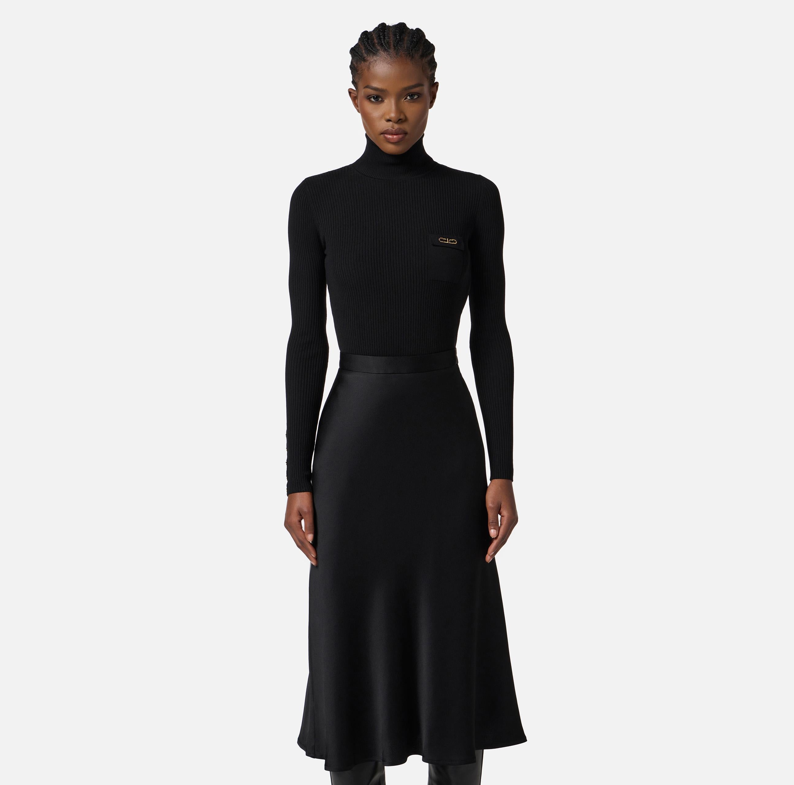 Abito in maglia a costine e raso con taschino AM06B56E2 110 ELISABETTA FRANCHI Nero 