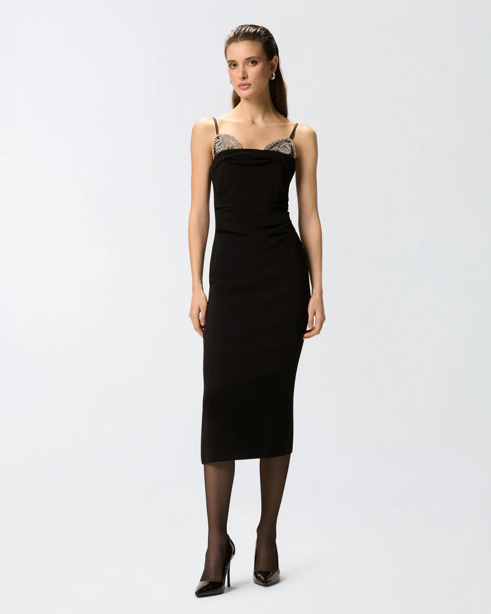 Abito midi aderente con ricamo gioiello 106637A31P Z99 PINKO Nero limousine 