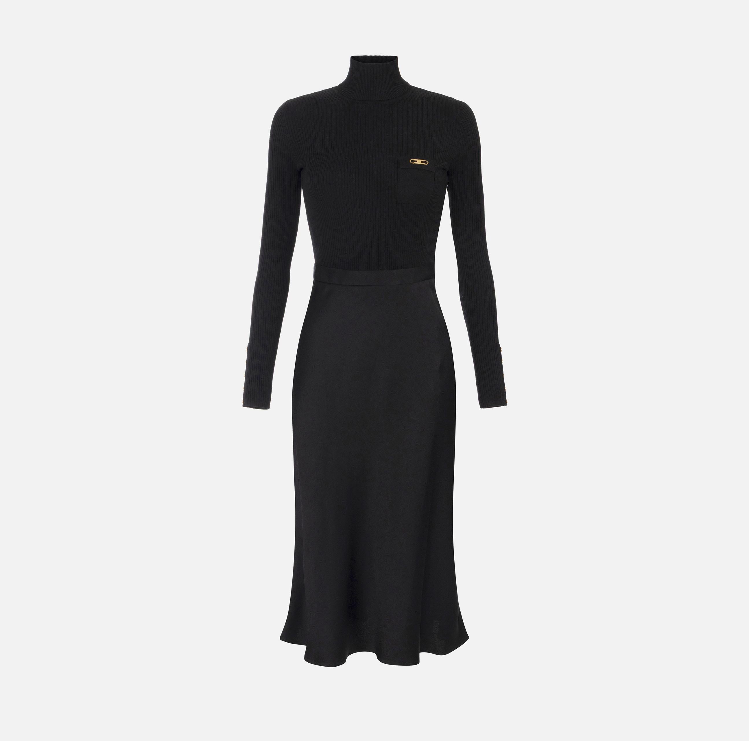 Abito in maglia a costine e raso con taschino AM06B56E2 110 ELISABETTA FRANCHI Nero 