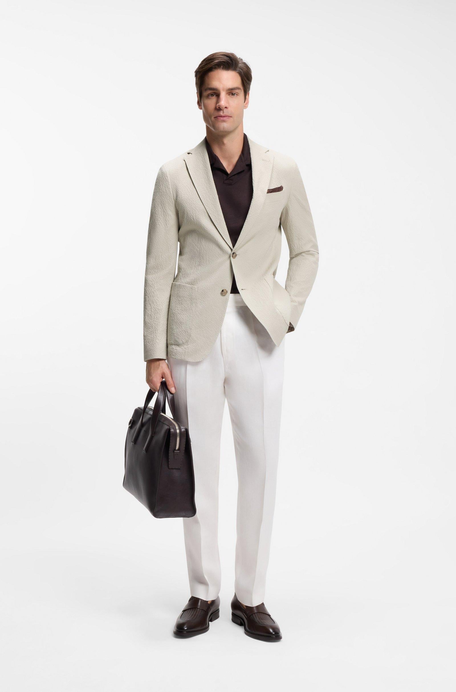 Giacca slim fit in seersucker di cotone elasticizzato 50561894 10279134 01 286 BOSS Open beige 
