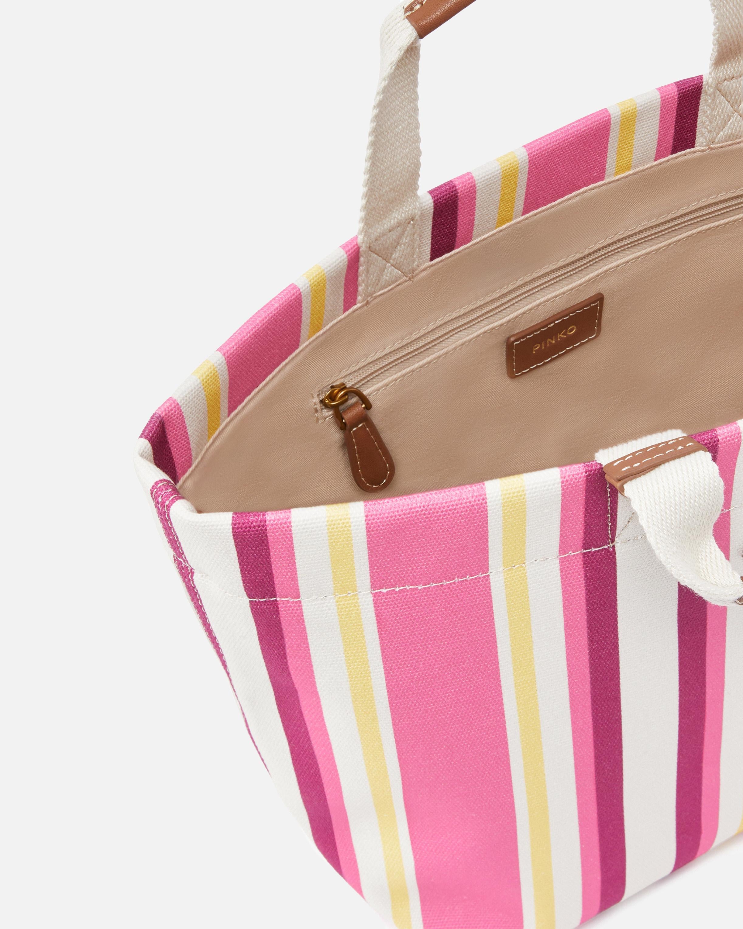 Borsa a spalla media shopper in tela a righe 104753A2G5 A2G5 PINKO Fuxia/giallo 
