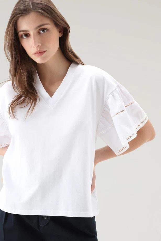 T-Shirt Lakeside in puro cotone con maniche a sbuffo CFWWTE0076FRUT3397 8041 WOOLRICH Bright white 
