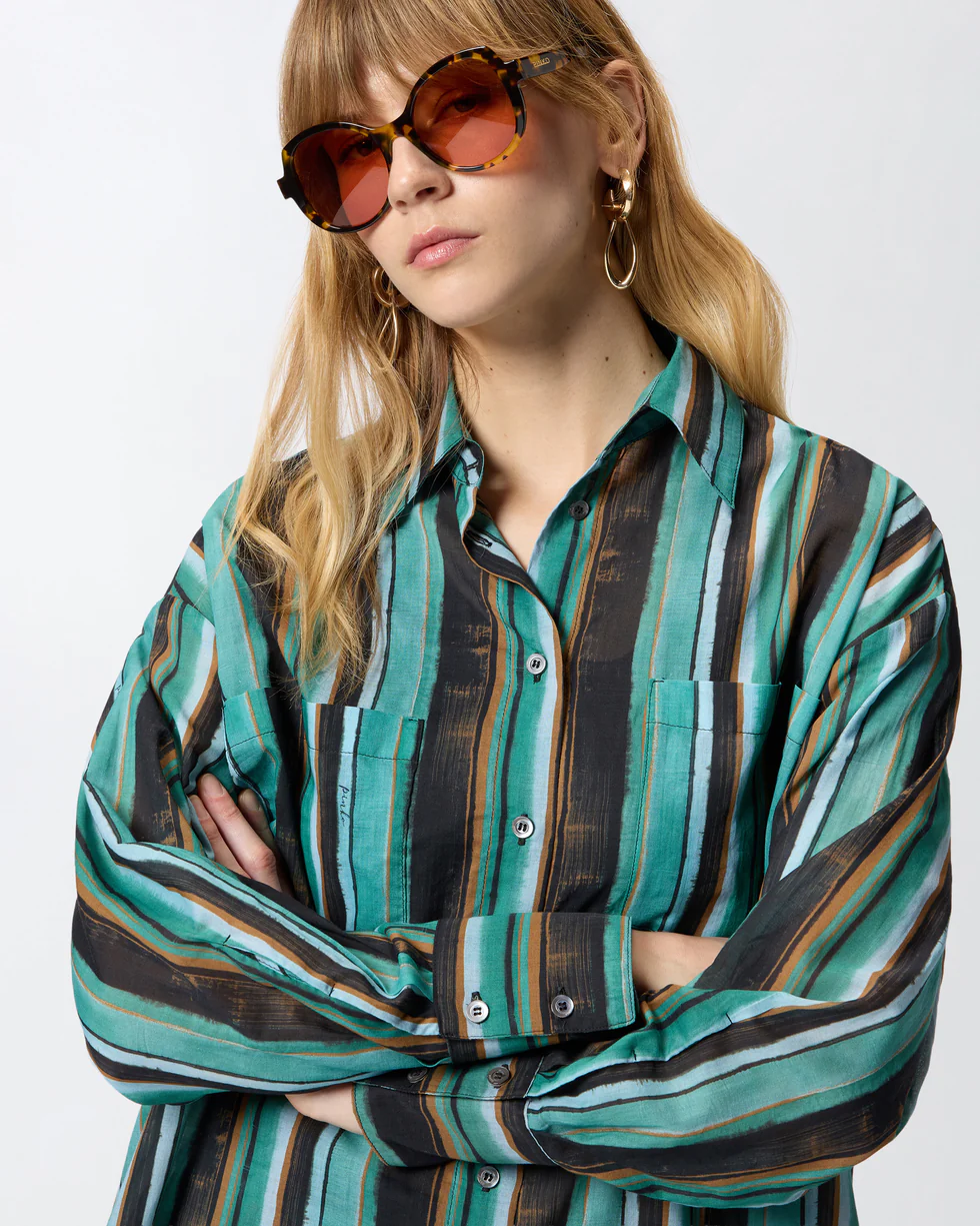 Camicia in cotone con righe effetto pennellato 106990A3CH SD3 PINKO Mult. verde/nero 