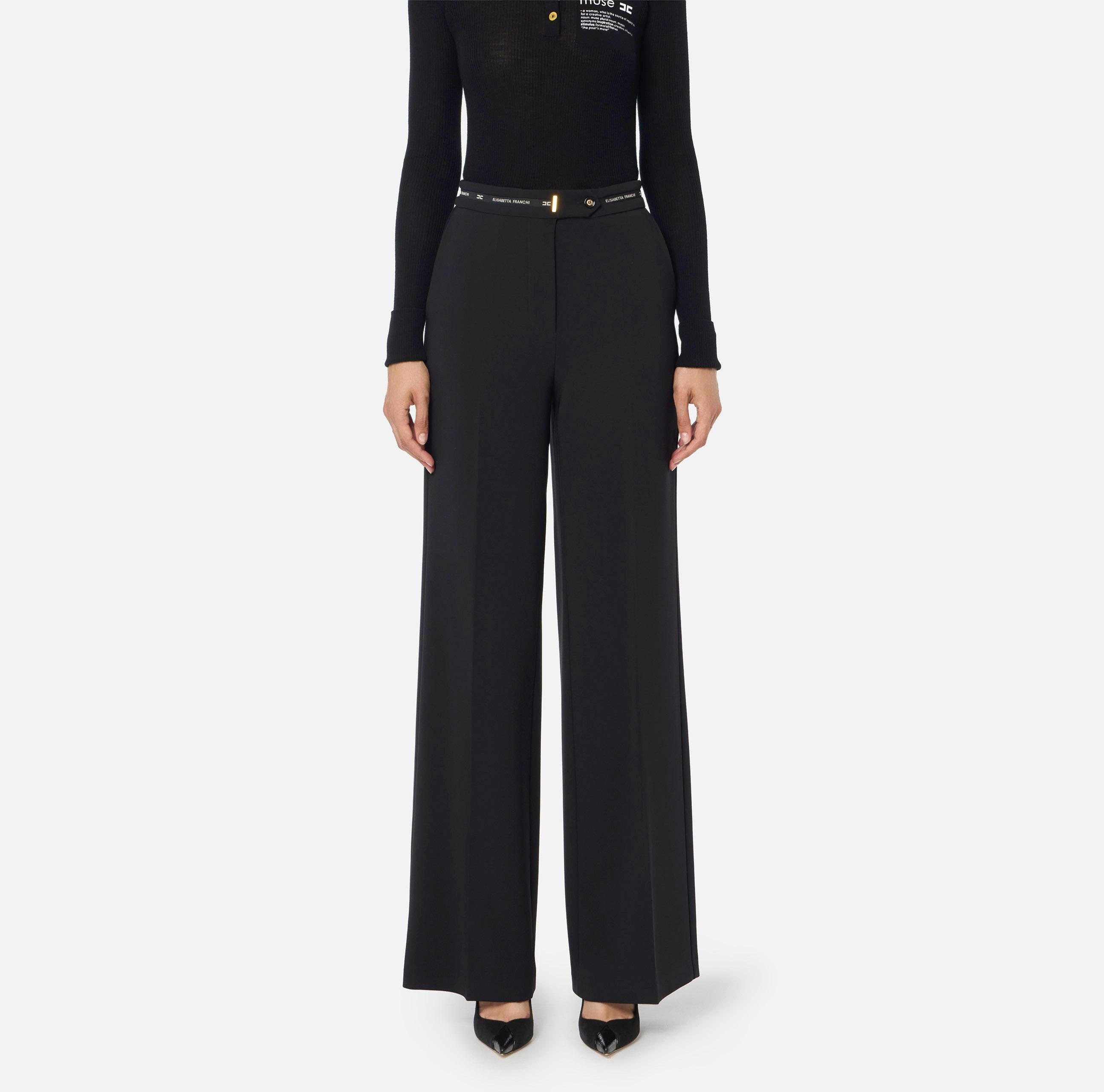 Pantaloni in crêpe leggero con nastro logo PA10356E2 110 ELISABETTA FRANCHI Nero 