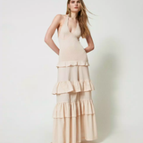 Abito lungo in maglia e mussola 241TT3091 11640 TWIN SET Beige 