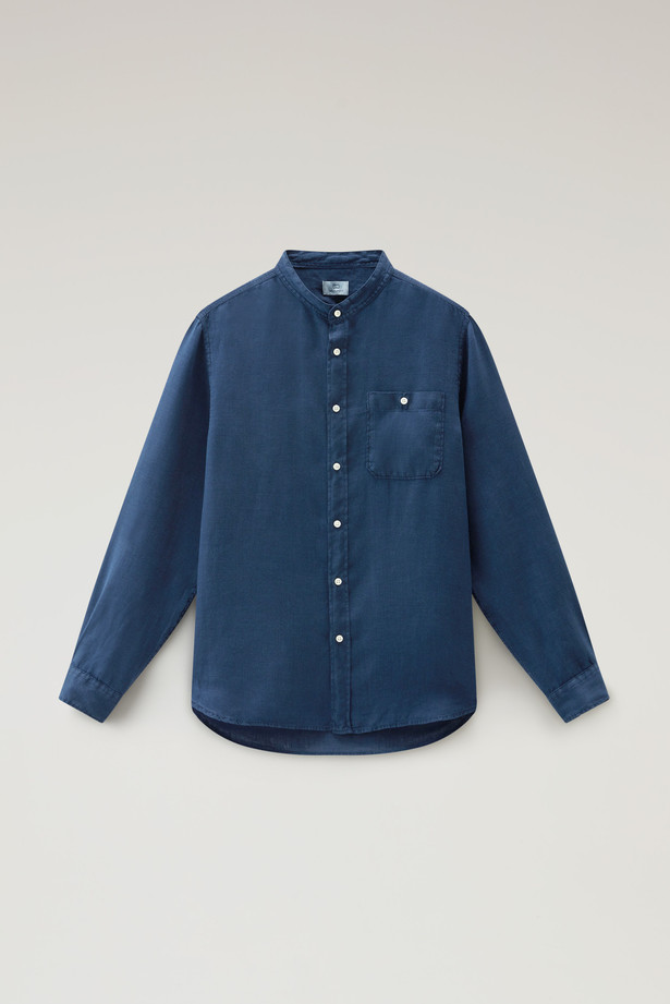 Camicia in puro lino tinta in capo con colletto alla coreana CFWOSI0105MRUT3372 31108 WOOLRICH Maritime blue 
