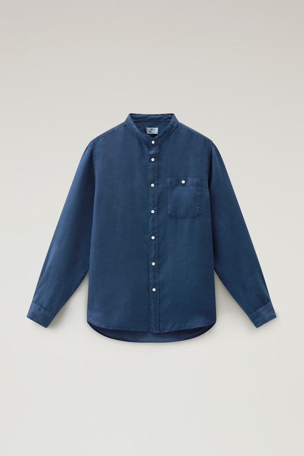 Camicia in puro lino tinta in capo con colletto alla coreana CFWOSI0105MRUT3372 31108 WOOLRICH Maritime blue 