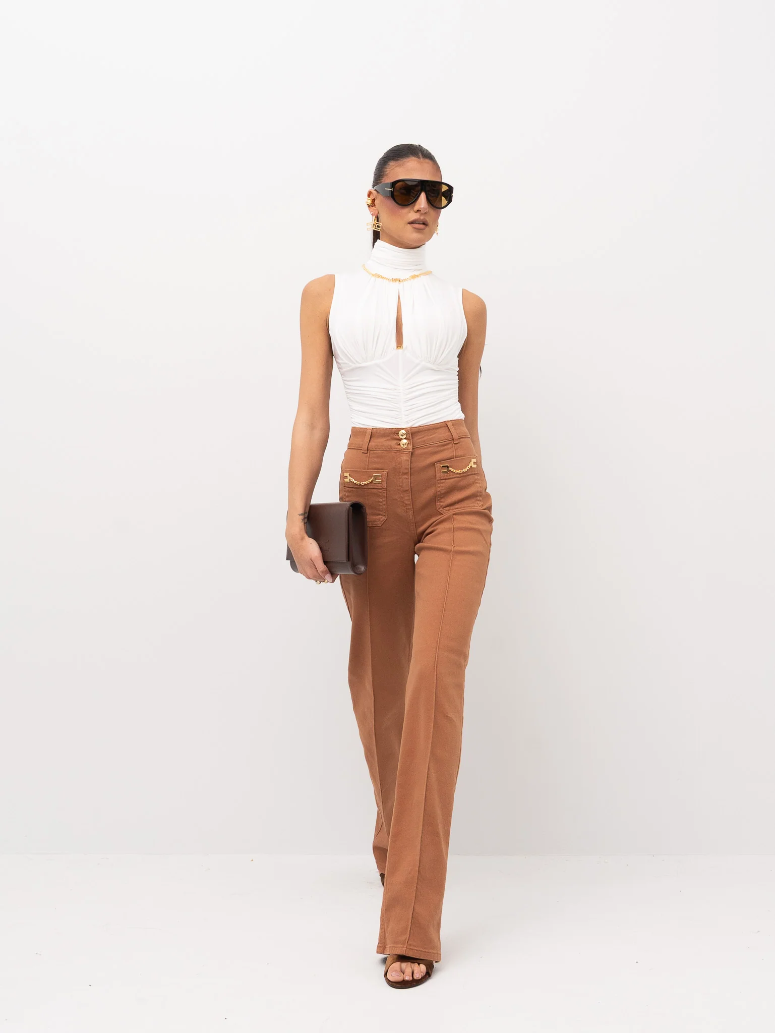 Pantalone in cotone gamba dritta PJ25D61E2 600 ELISABETTA FRANCHI Cuoio 