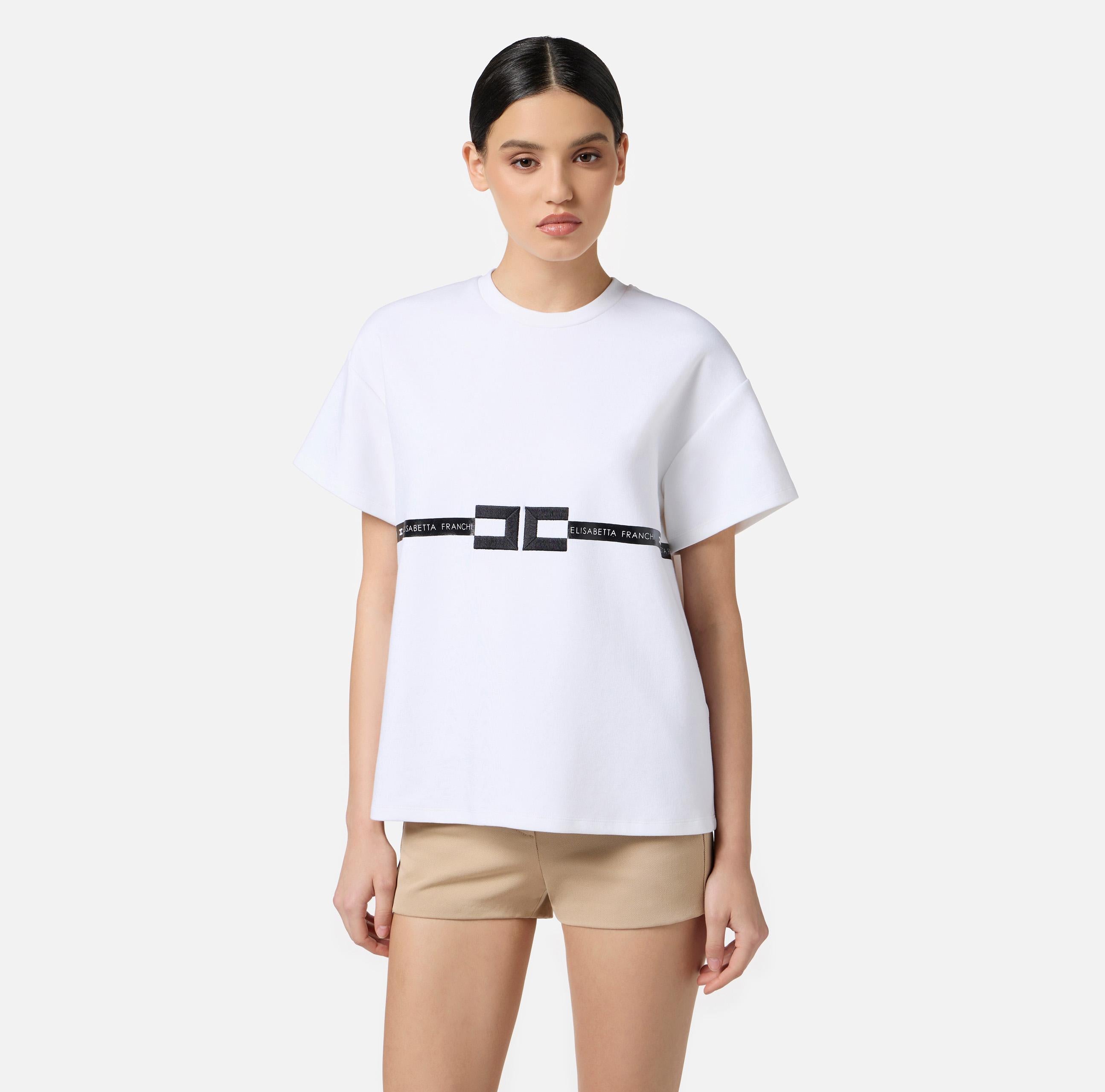 T-shirt in jersey di cotone pesante con logo MA02256E2 270 ELISABETTA FRANCHI Gesso 