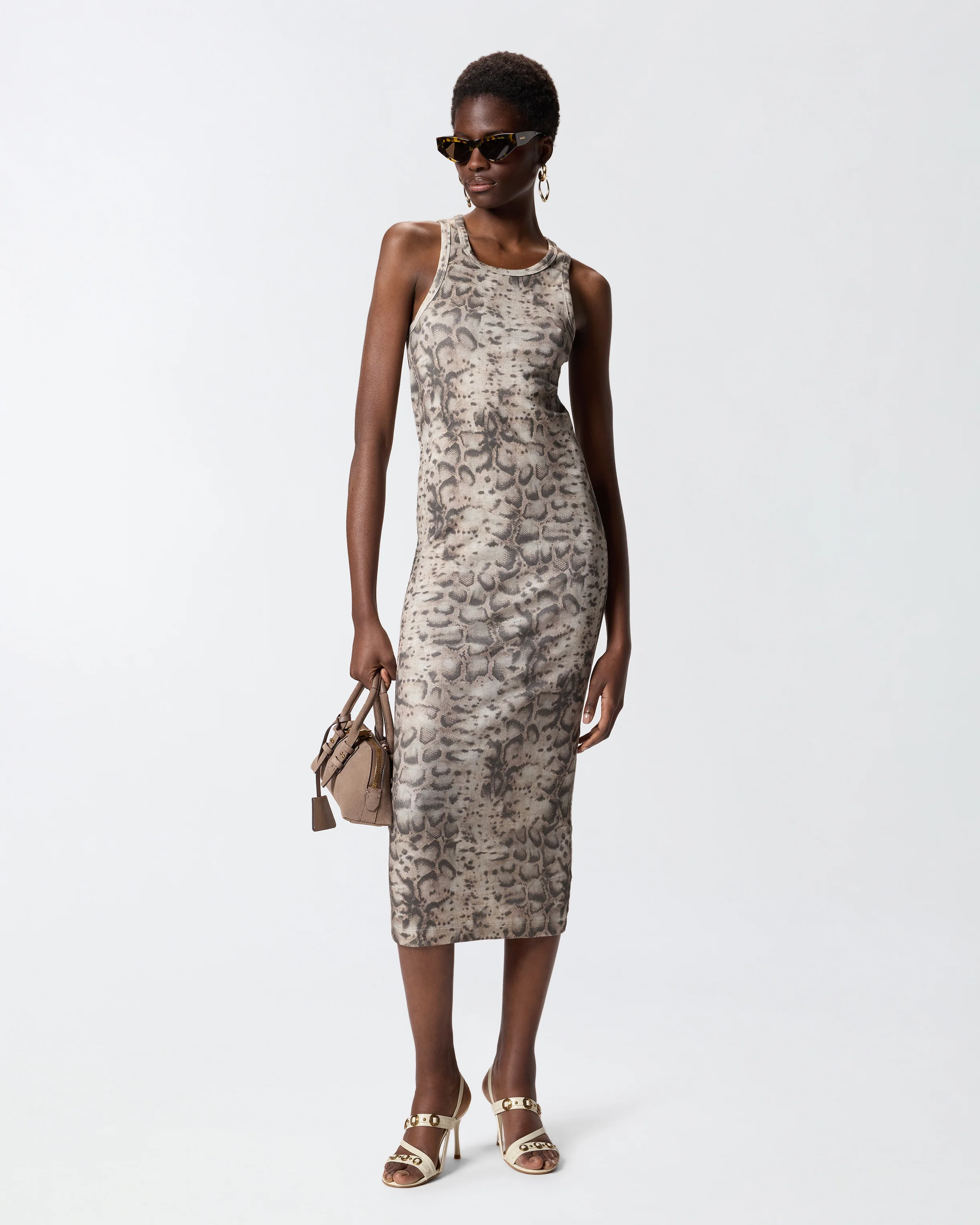 Abito midi aderente a costine con stampa snake 106993A3DP CZ9 PINKO Beige/nero 