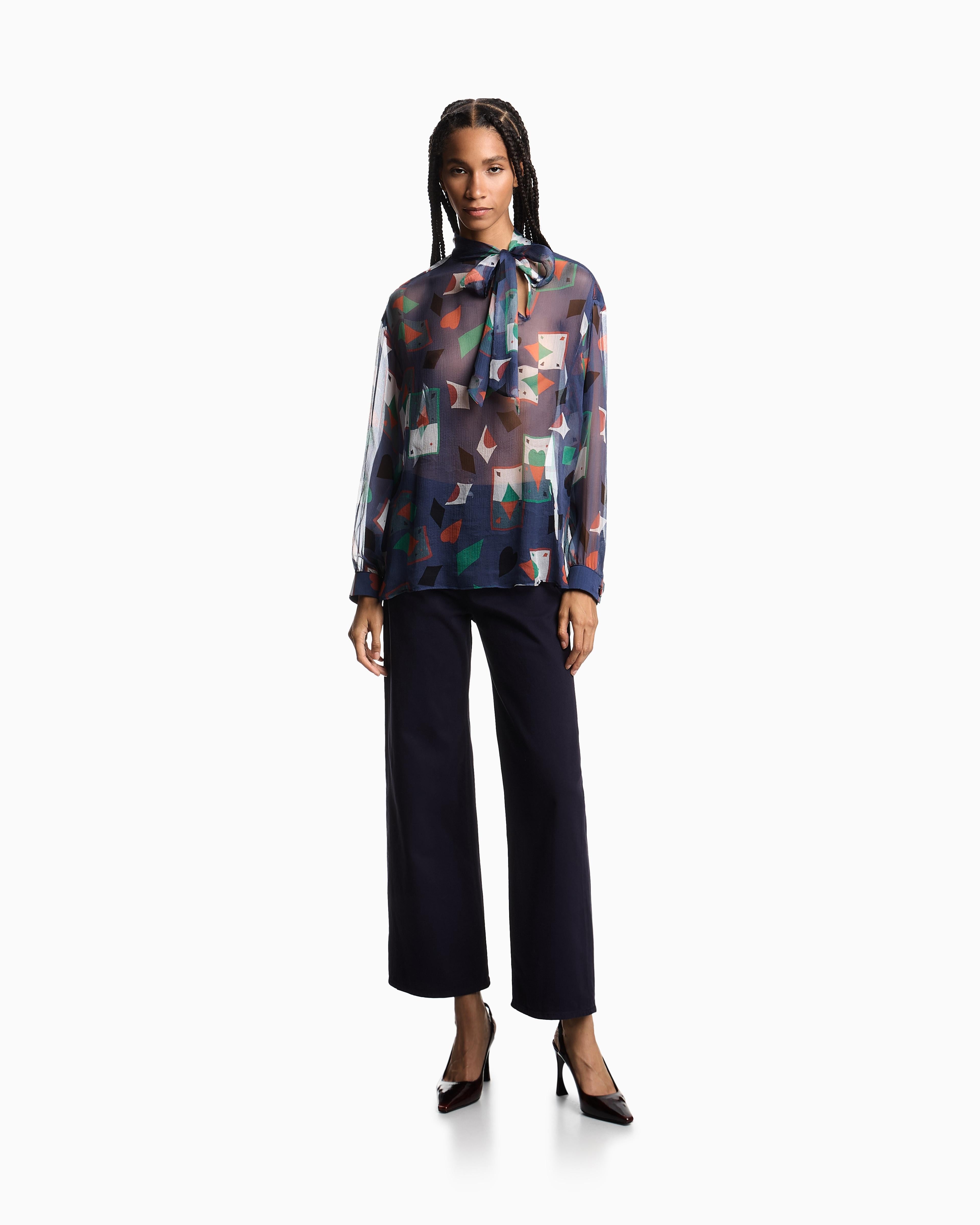 Pantalone vita media e gamba ampia cropped in drill stretch tinto capo EW000019 AF17027 UB115 EMPORIO ARMANI Blue navy 